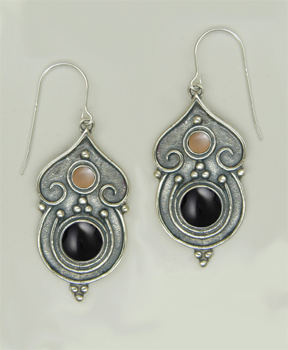 Sterling Silver Gothic Inspired Drop Dangle Earrings With Black Onyx And Peach Moonstone